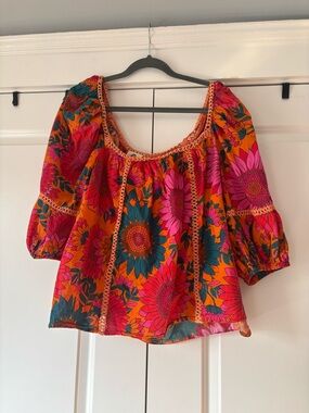 FARM Rio Orange Floral Off-Shoulder Peasant Blouse with Pink & Teal Accents
